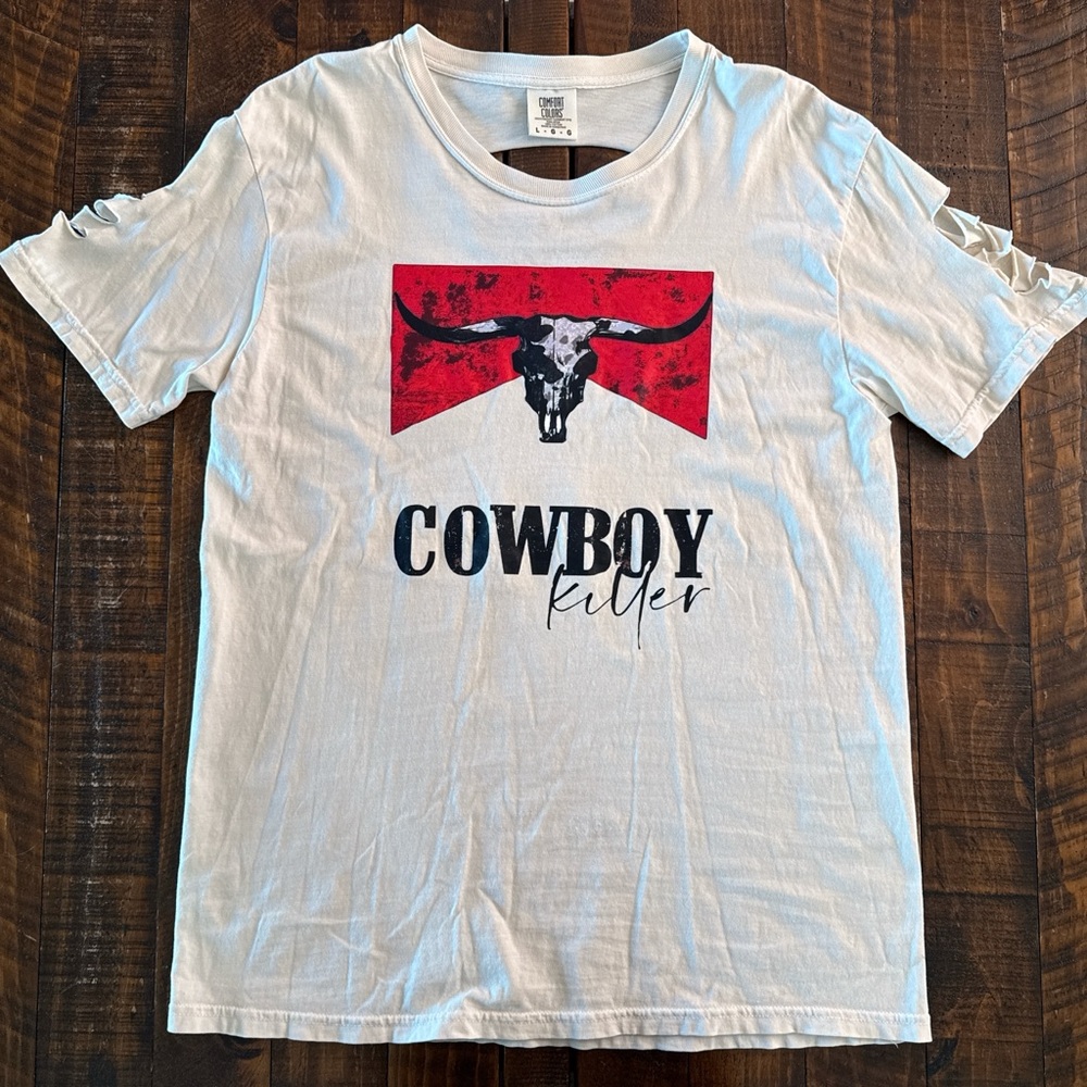 Comfort Colors Cowboy Killer Graphic Tee Large Distressed Cutout Western Country